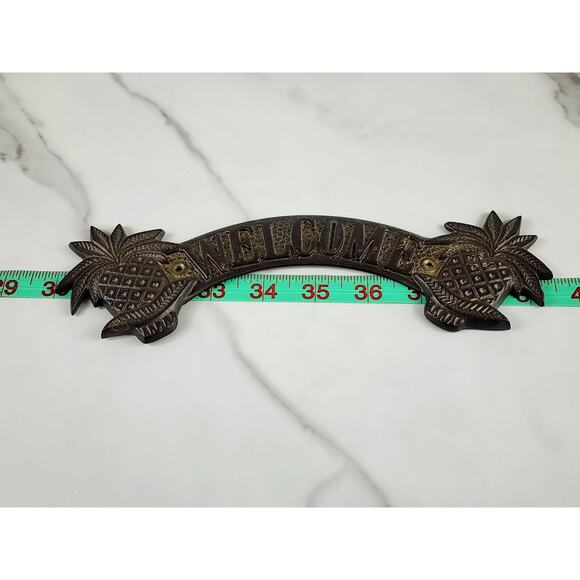 Brass Welcome Door Sign Pineapple Design 9 1/2" Entry Plaque 90s Home Decor - Picture 12 of 13